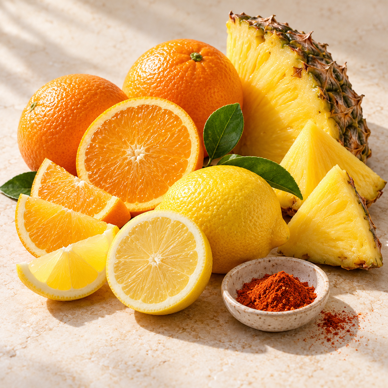 Lemon Drop juice with lemons, oranges, pineapple and cayenne