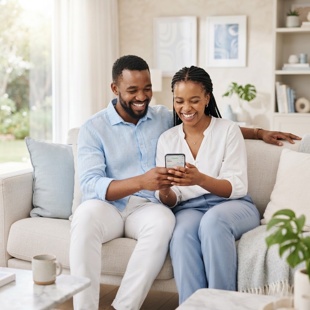 Happy couple comparing loan offers on their phone
