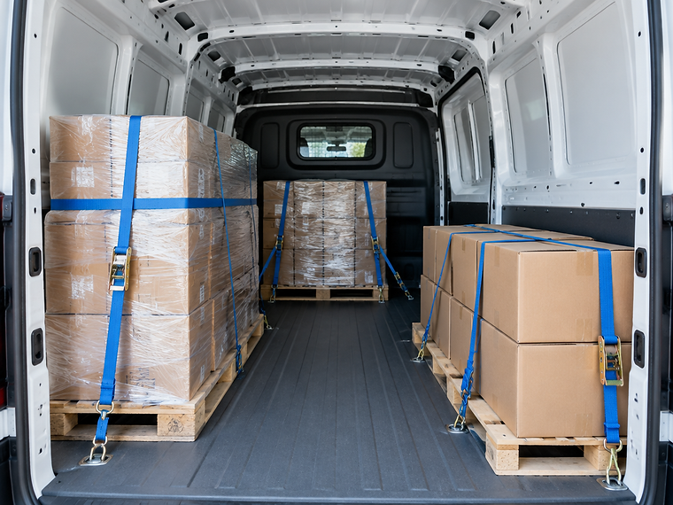 Illustration : intérieur d’un utilitaire avec marchandises calées