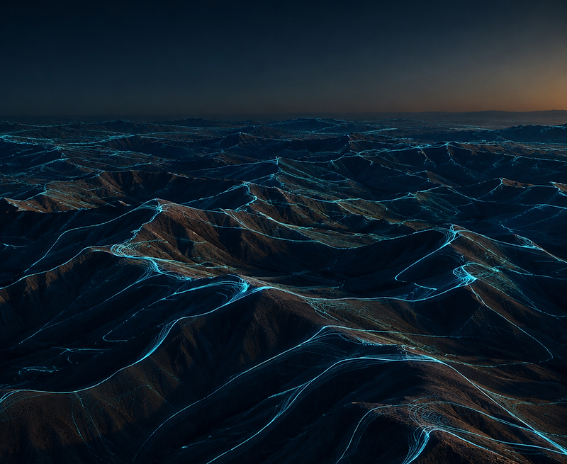 Aerial topographic land with cyan grid overlay