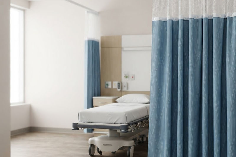 Emergency observation bays with Ocean PURUS privacy curtains, white mesh headers and snap-fit joining buttons. Illustrative care environment.
