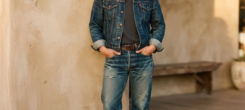 Person wearing a vintage denim jacket and faded jeans against a warm plaster wall