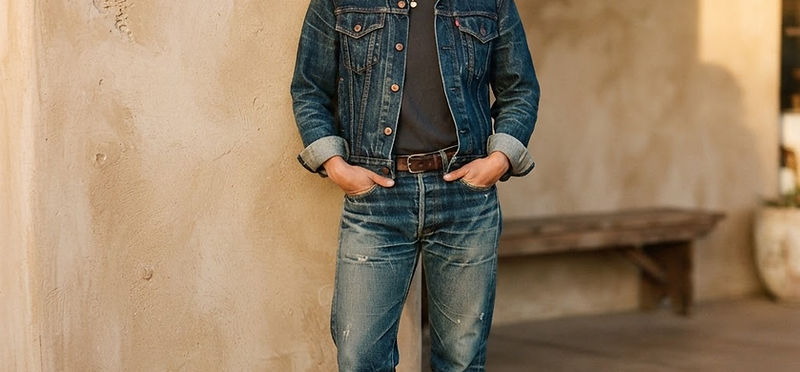 Person wearing a vintage denim jacket and faded jeans against a warm plaster wall