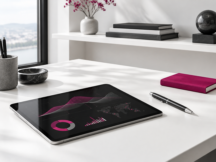 Clean modern desk with tablet representing AI business solutions