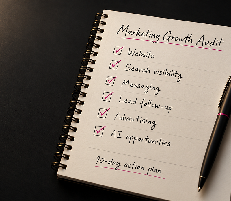Marketing Growth Audit checklist covering website, search visibility, messaging, lead follow-up, advertising, AI opportunities, and a 90-day action plan.