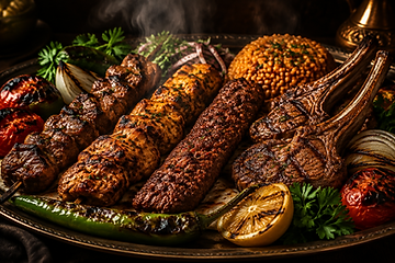 Char-grilled Turkish mixed kebab with lamb and chicken