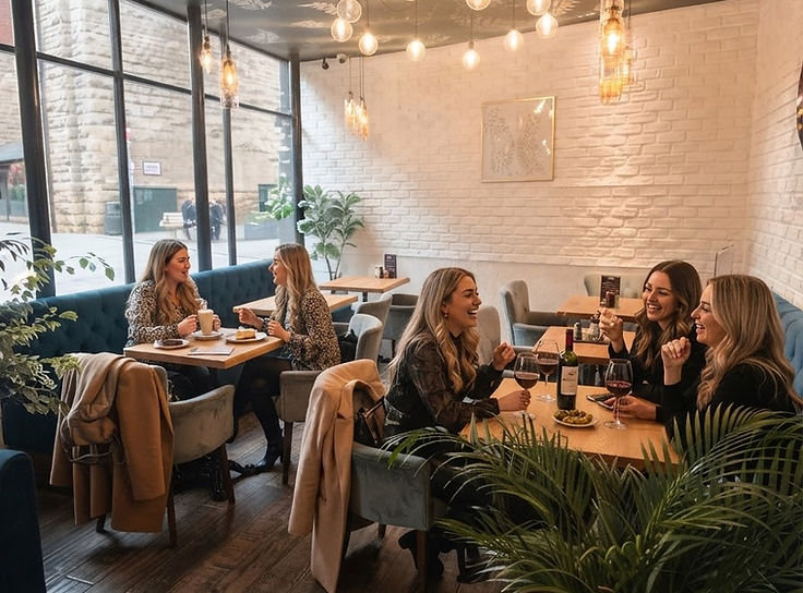 Guests enjoying coffee and wine in the warm, contemporary dining room of The Horizon Mansfield