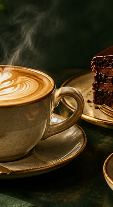 A cappuccino with latte art served beside a slice of cake