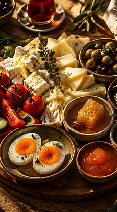 A gourmet Turkish breakfast platter with feta, olives, eggs, honey and bread