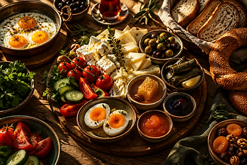 Traditional Turkish breakfast platter with cheeses, olives and eggs