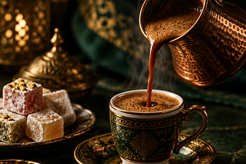 Traditional Turkish coffee in a copper cezve