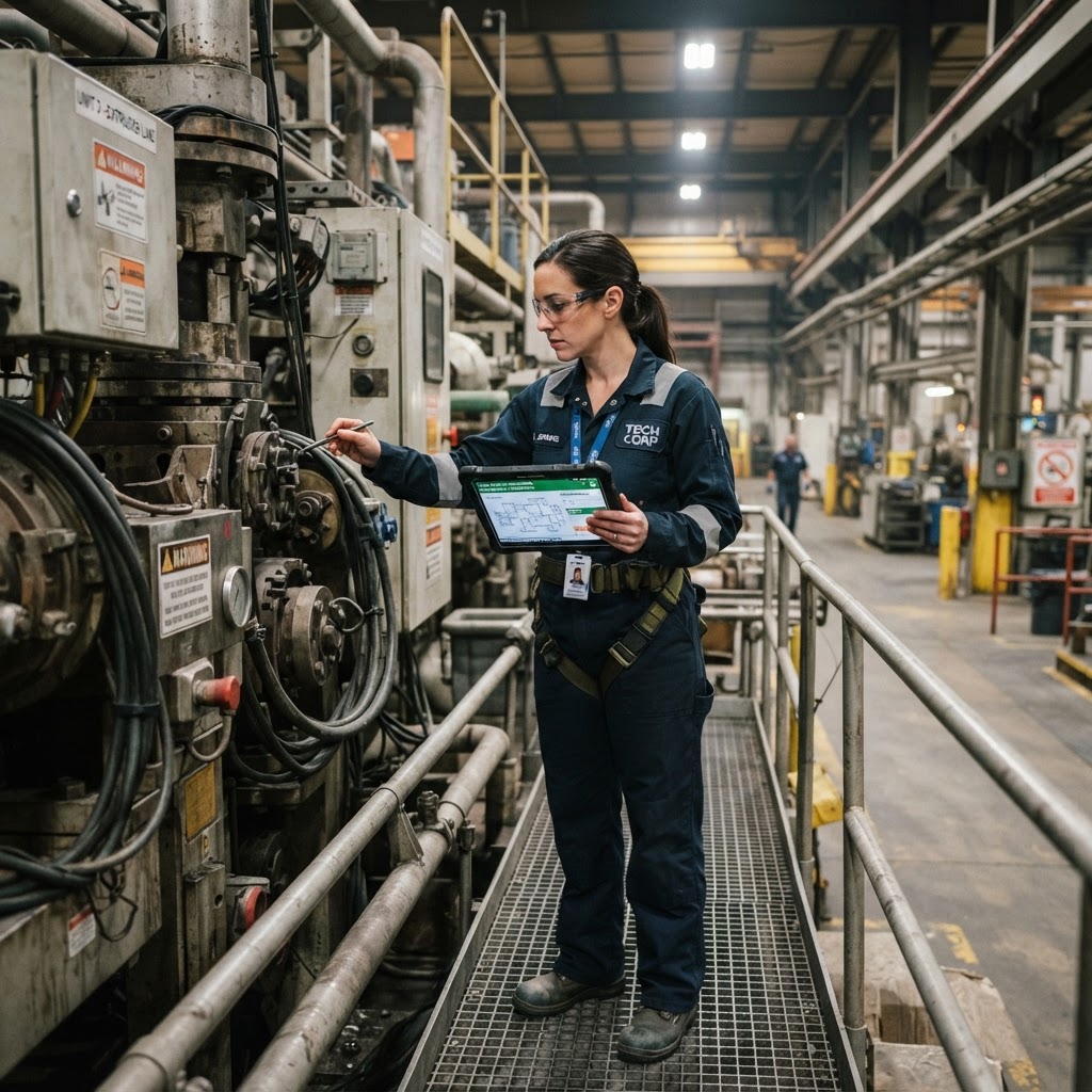 Maintenance engineer inspecting large industrial machinery