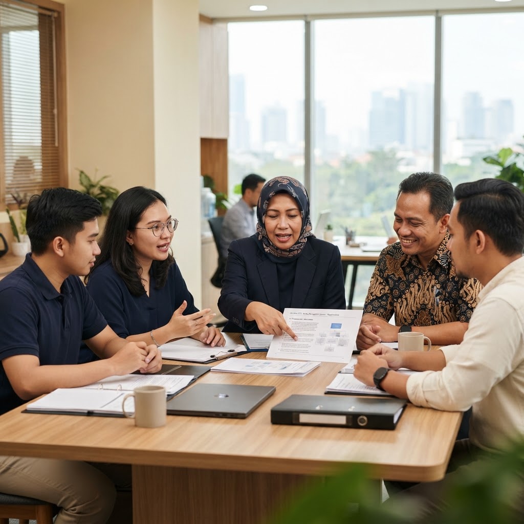 Tim manajemen mutu menelaah dokumen standar ISO di ruang kantor modern