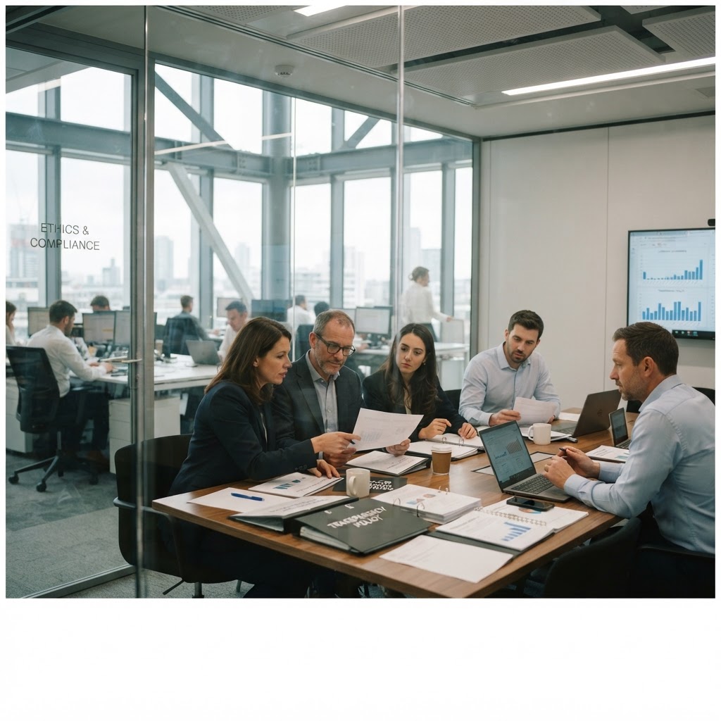 Professionals reviewing documents together in a glass-walled meeting room