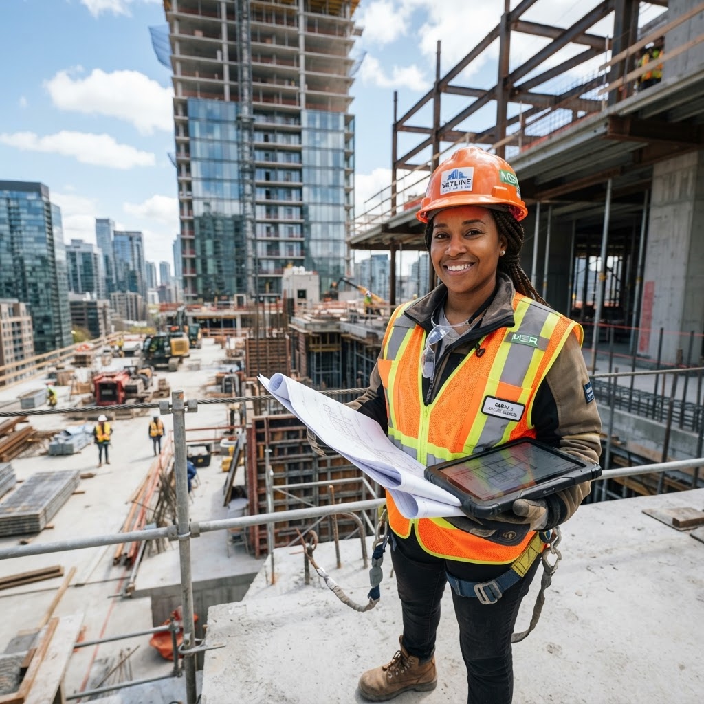Construction worker in safety helmet and high-visibility vest