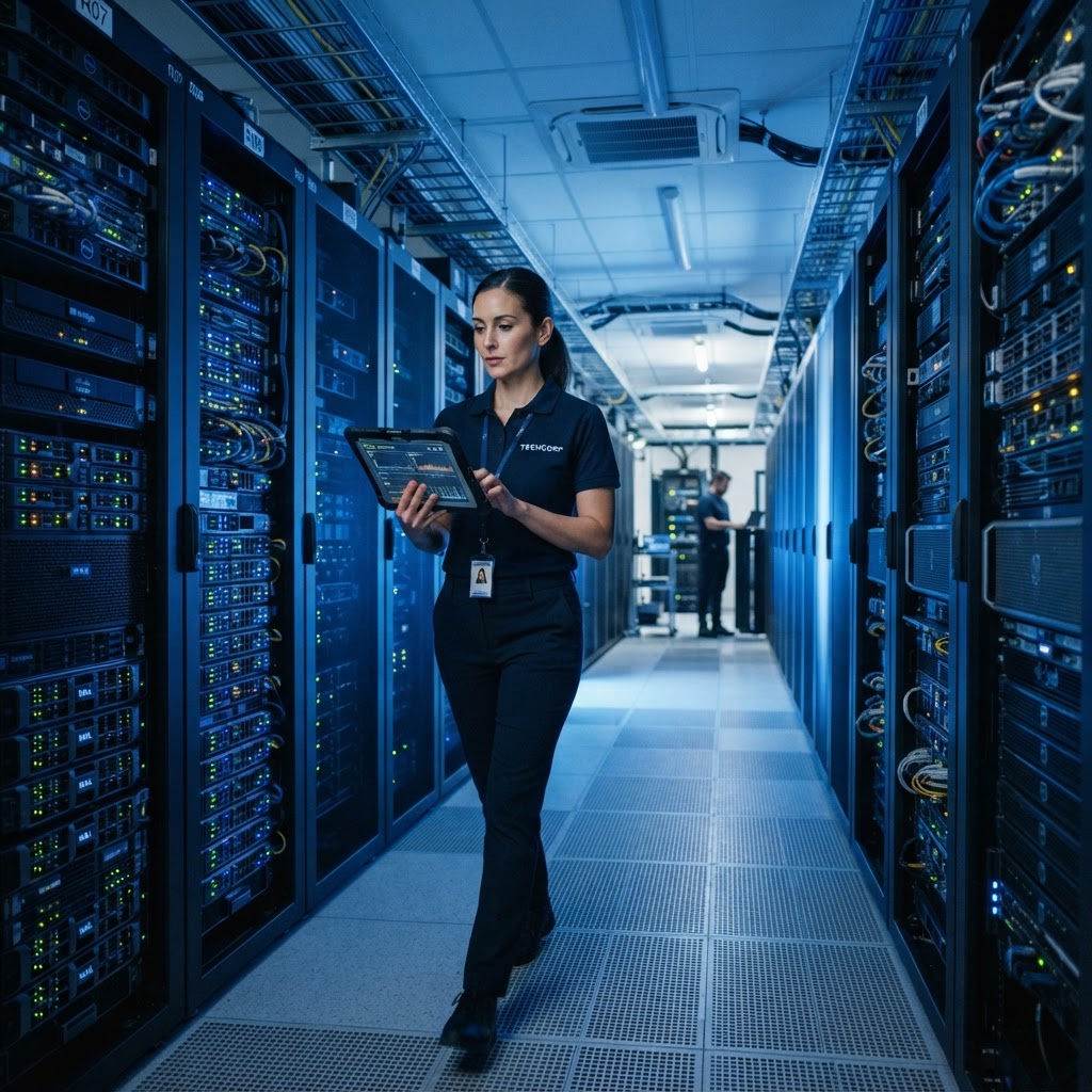 Engineer walking through a modern data center corridor with server racks