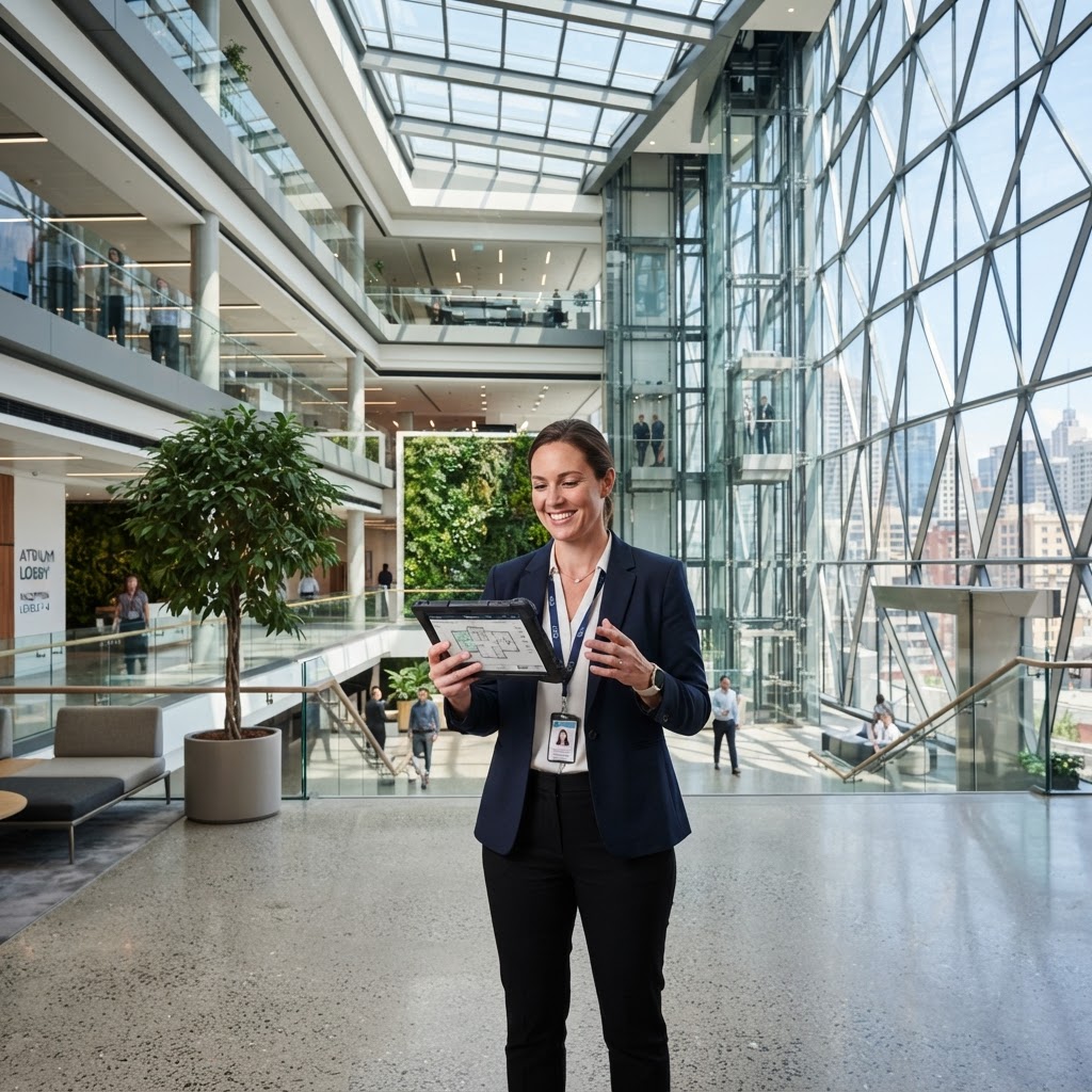 Facility manager with a tablet in a modern glass office atrium
