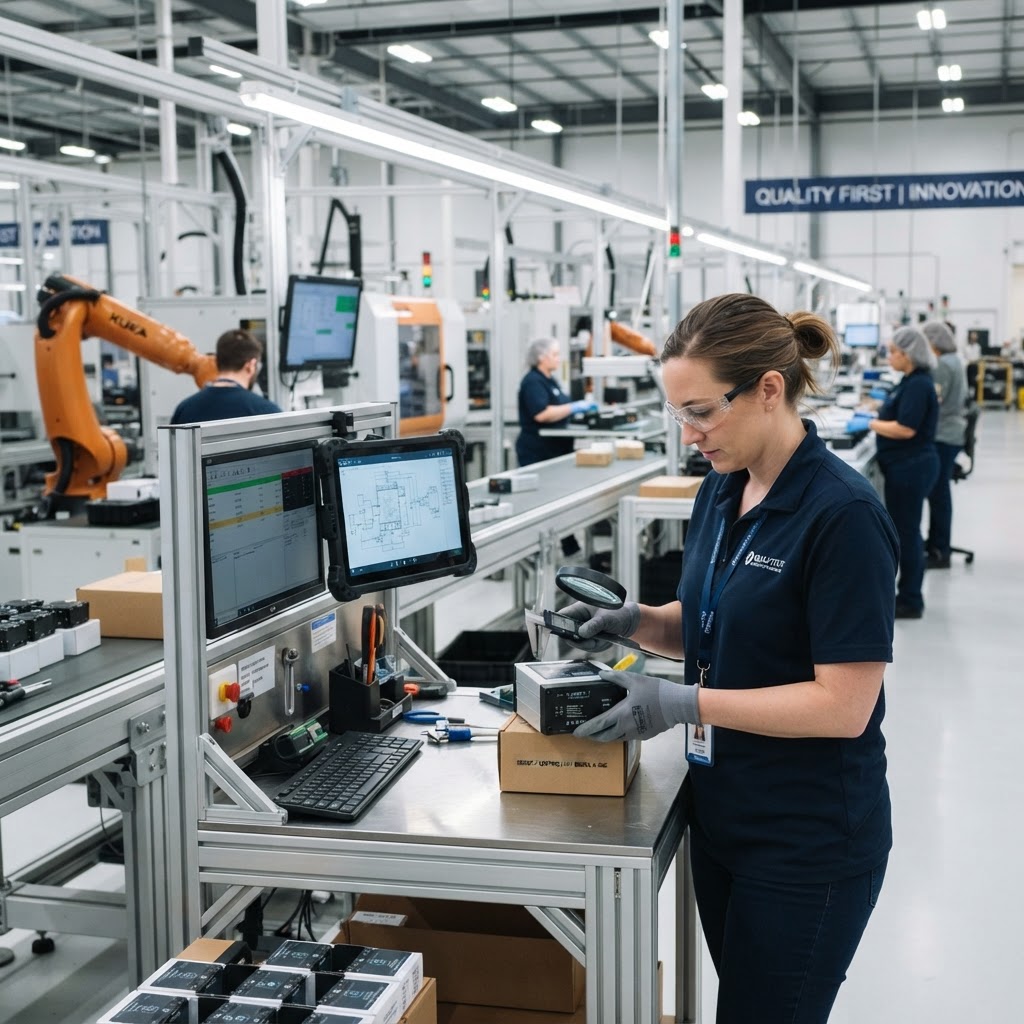 Quality control engineer inspecting products on a modern production line