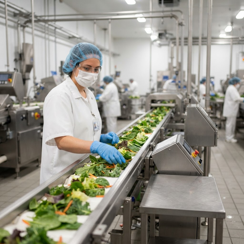 Food facility worker in white uniform inspecting fresh food on a production line