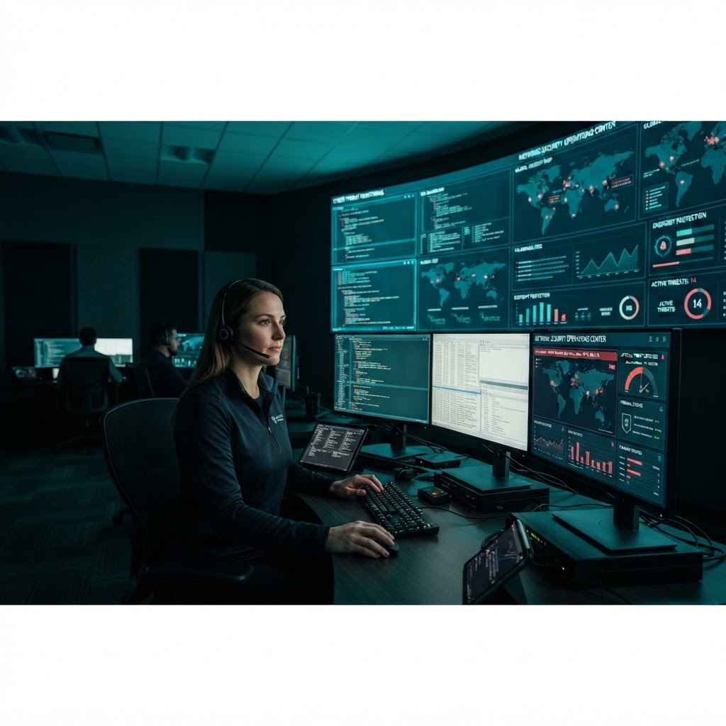 Analyst monitoring security dashboards in a cybersecurity operations center