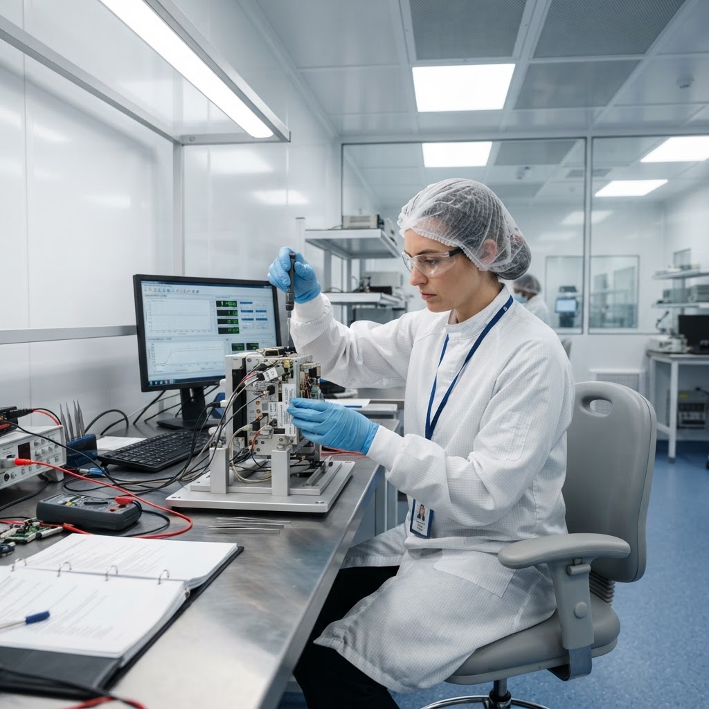 Technician in a clean room examining a precision medical device