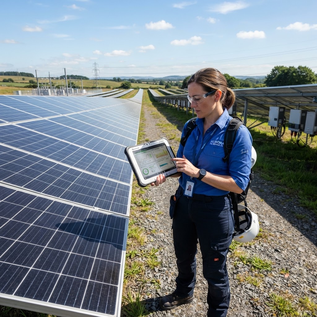 Engineer checking solar panel performance on a monitoring tablet