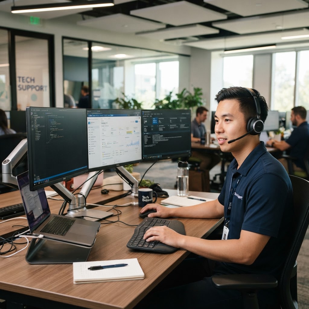 IT support specialist with a headset at a multi-monitor workstation