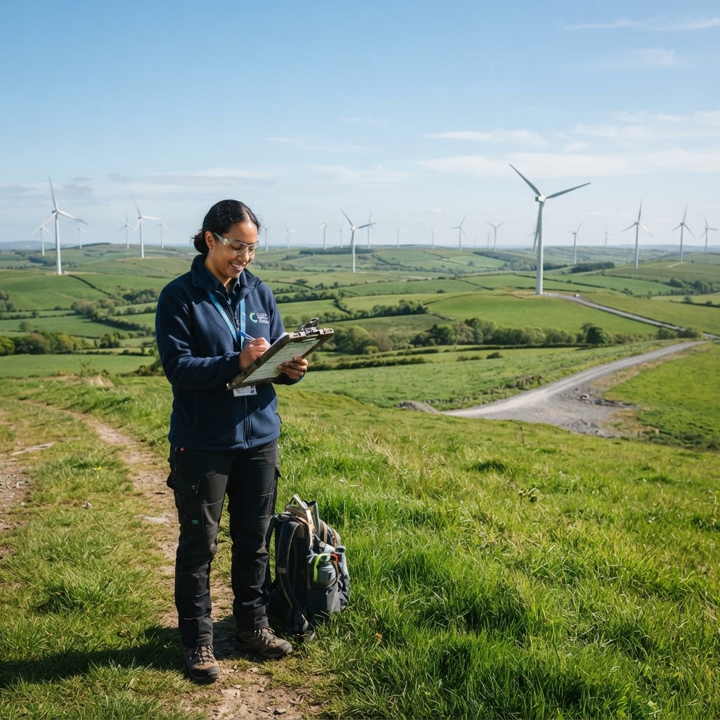Wind turbines in a green landscape with an environmental engineer