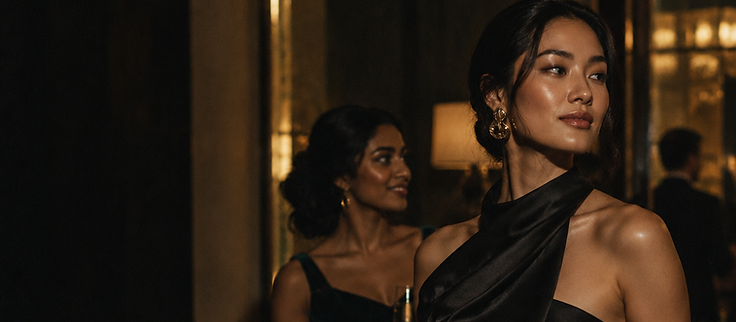 A woman in a sculptural black evening dress in a warmly lit sophisticated interior at night.