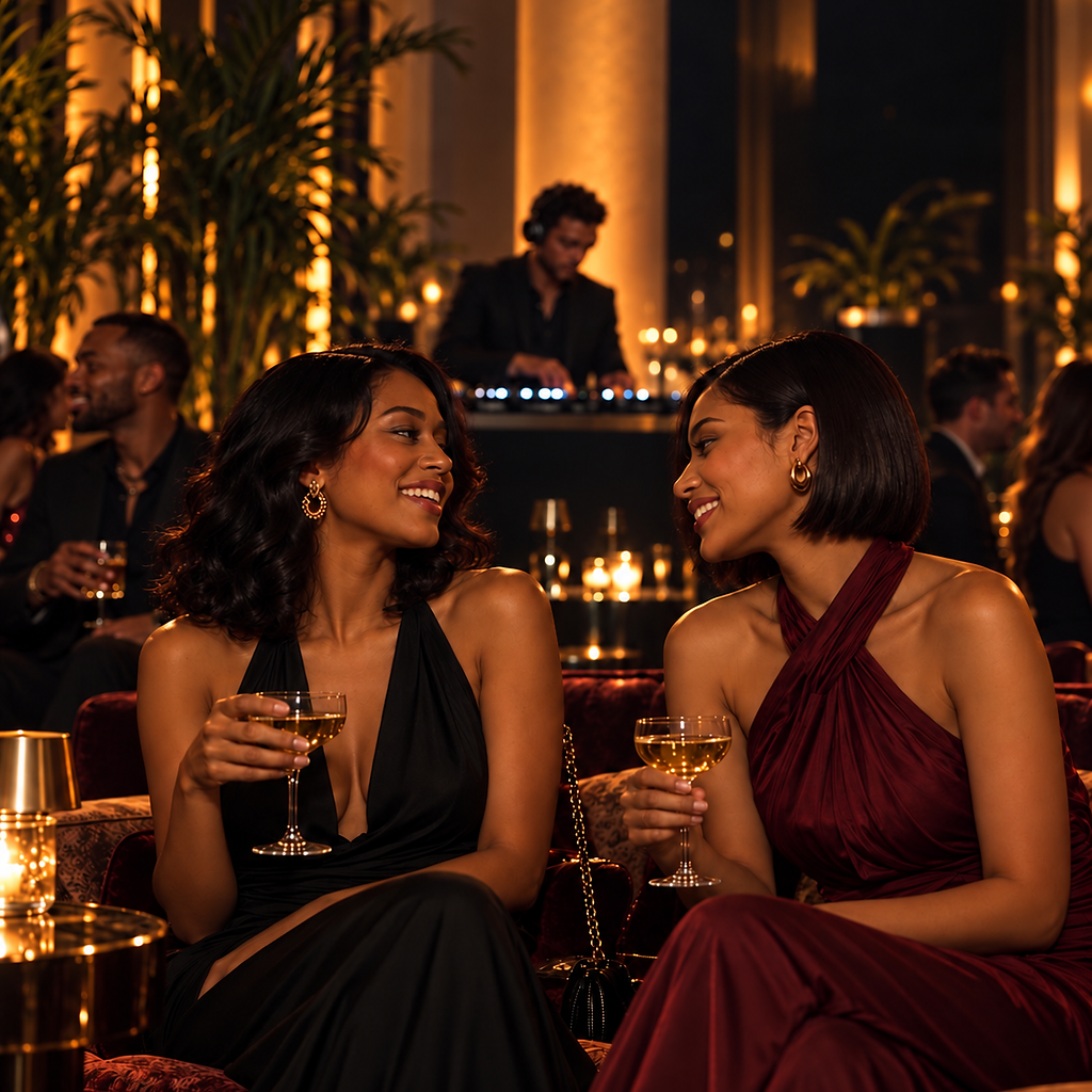 Two women smiling with champagne glasses on a plush crimson sofa in a warm, dimly lit lounge.