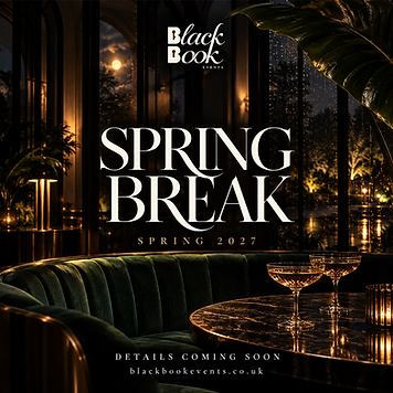Spring Break flyer, a dark atmospheric luxury lounge setting with warm ambient lighting.