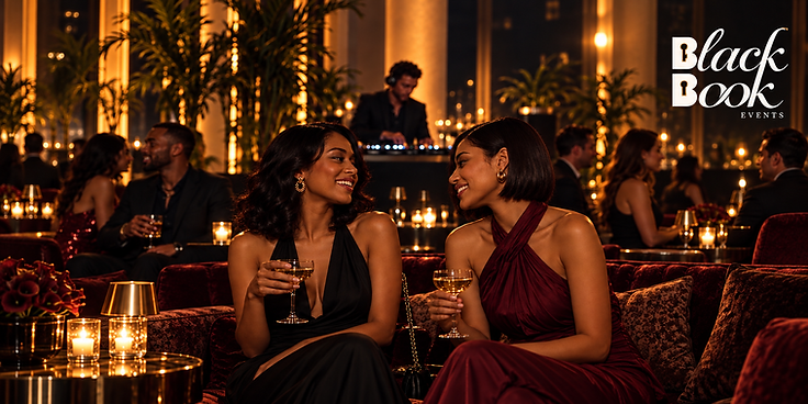 Two women laughing over cocktails in a dimly lit upscale lounge with a DJ in the background.