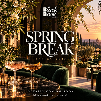 Spring Break flyer, a dark atmospheric luxury lounge setting with warm ambient lighting.