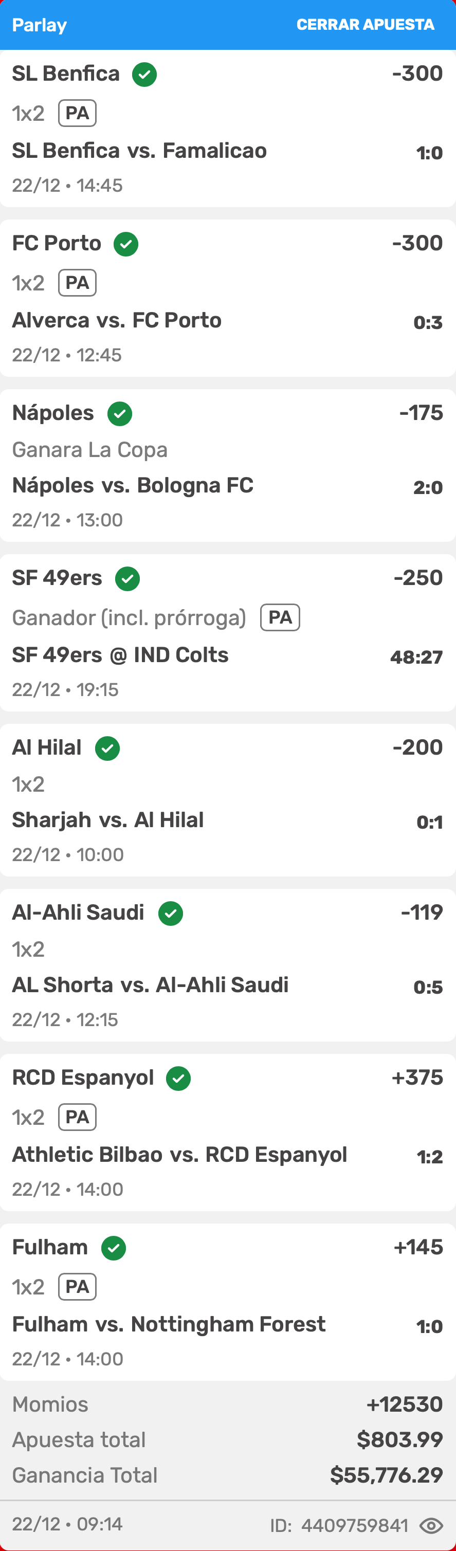 Parlay ganado de +12,530