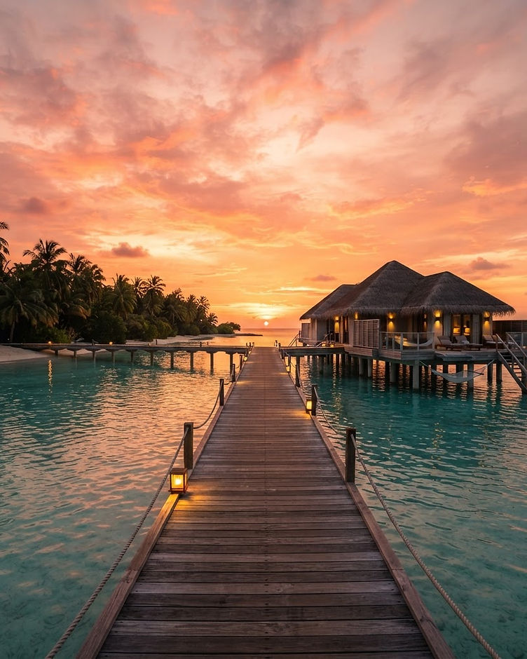 Sunset over a Maldives lagoon with an overwater villa