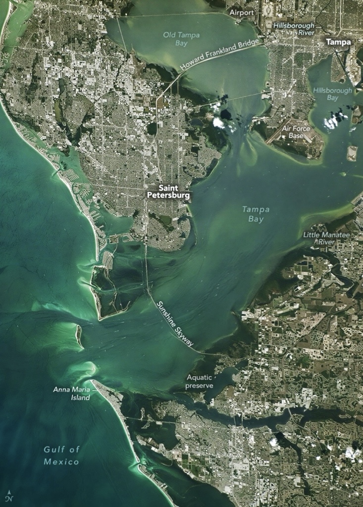 Satellite view of Tampa Bay showing Old Tampa Bay, Hillsborough Bay, the Howard Frankland Bridge, the Sunshine Skyway and the Hillsborough and Little Manatee rivers