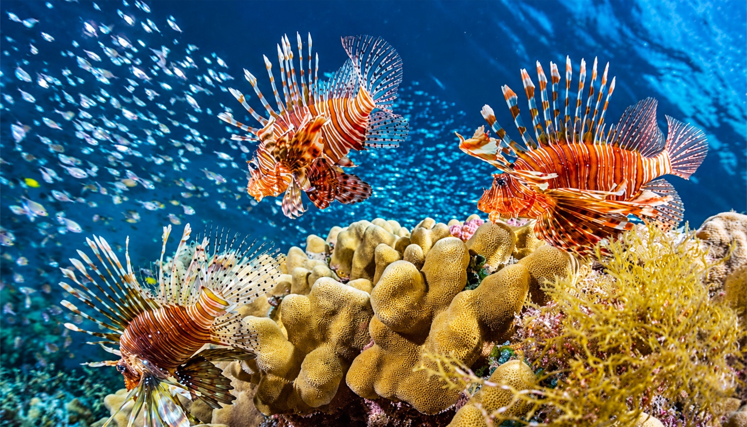 Three invasive lionfish over a Florida reef