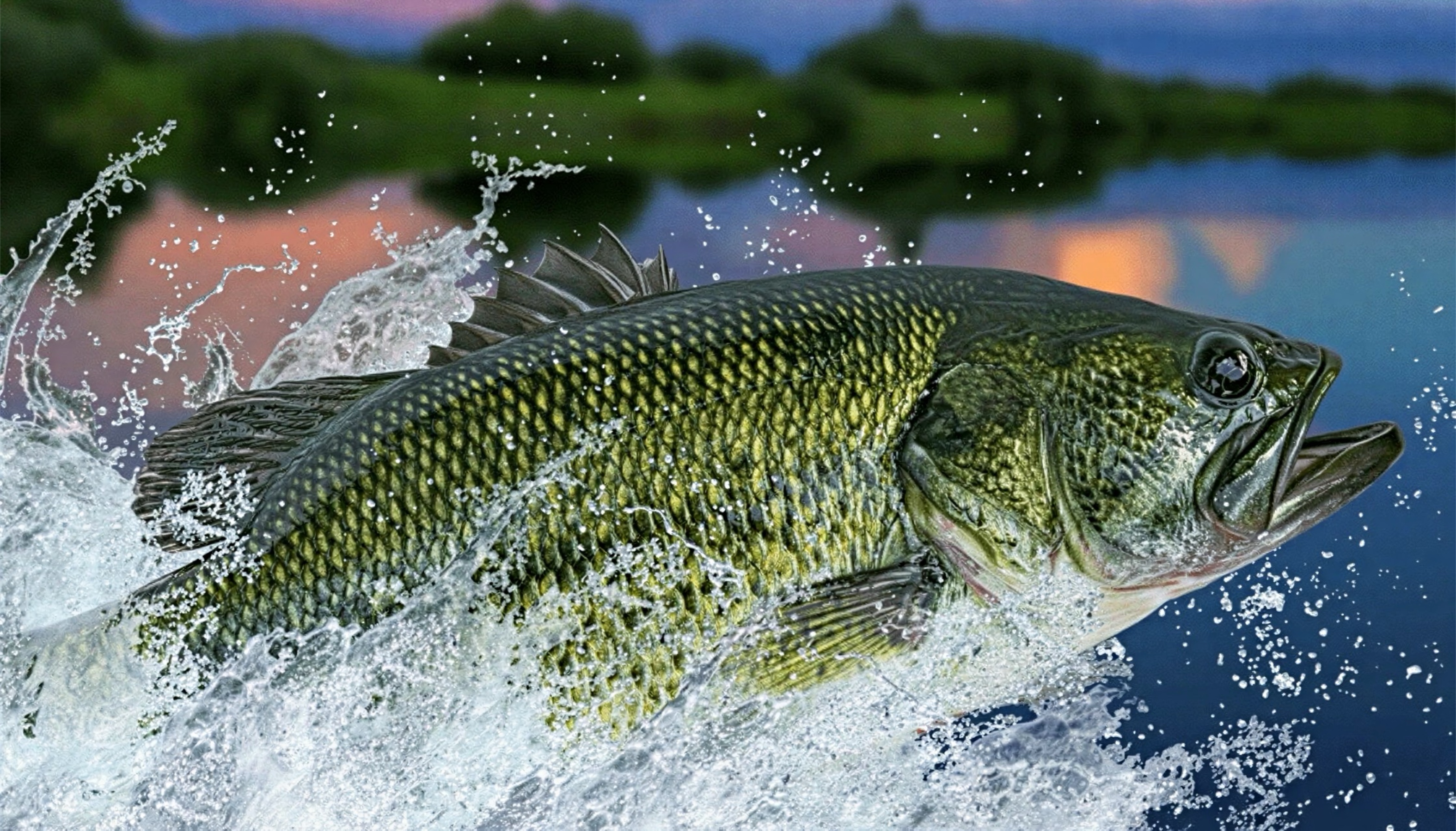 A large bass leaping from the water at sunrise, shoreline blurred behind it