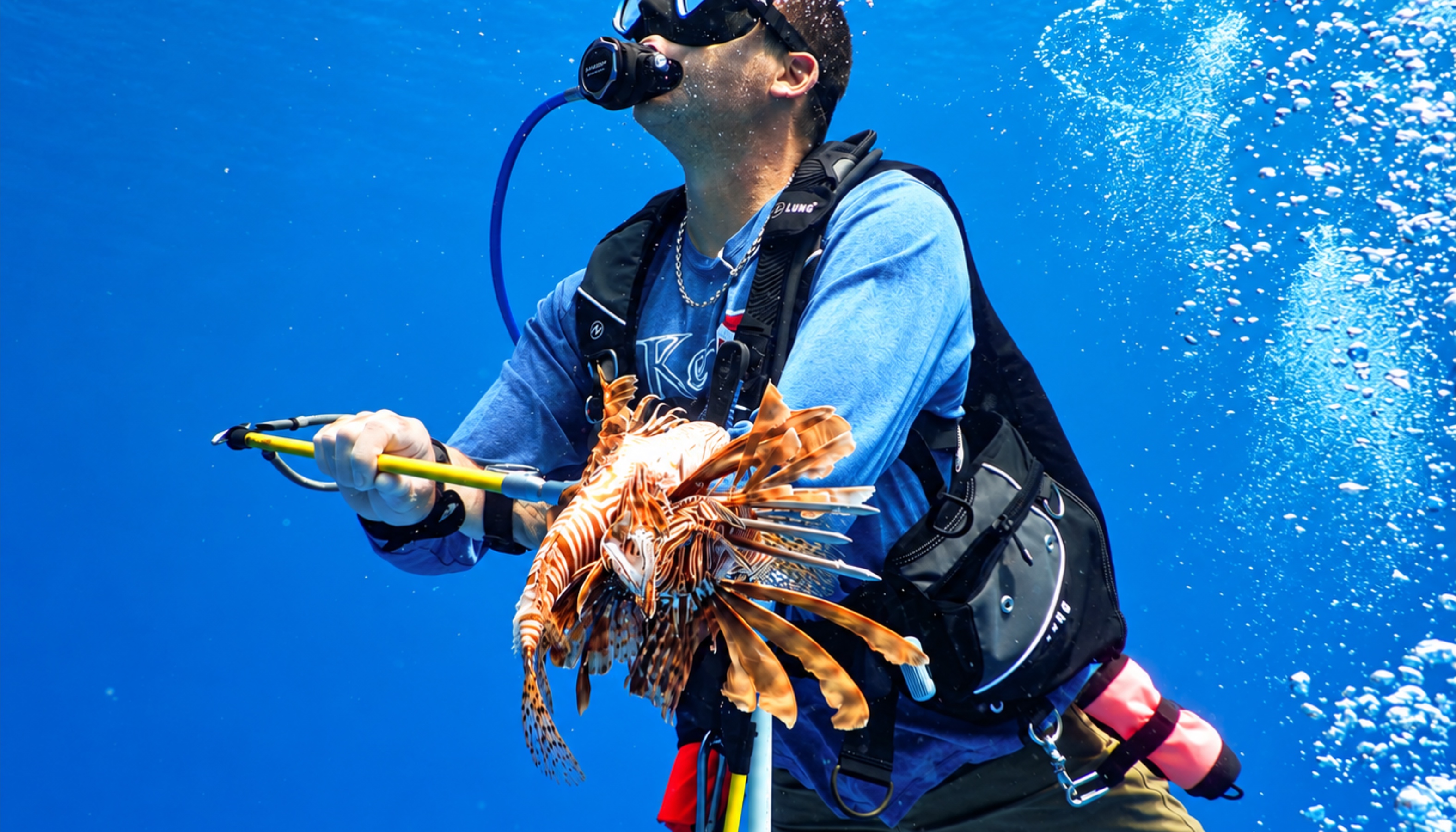 A diver displaying a speared lionfish in Florida waters