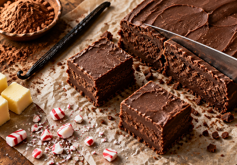 Hand-sliced cocoa fudge on parchment