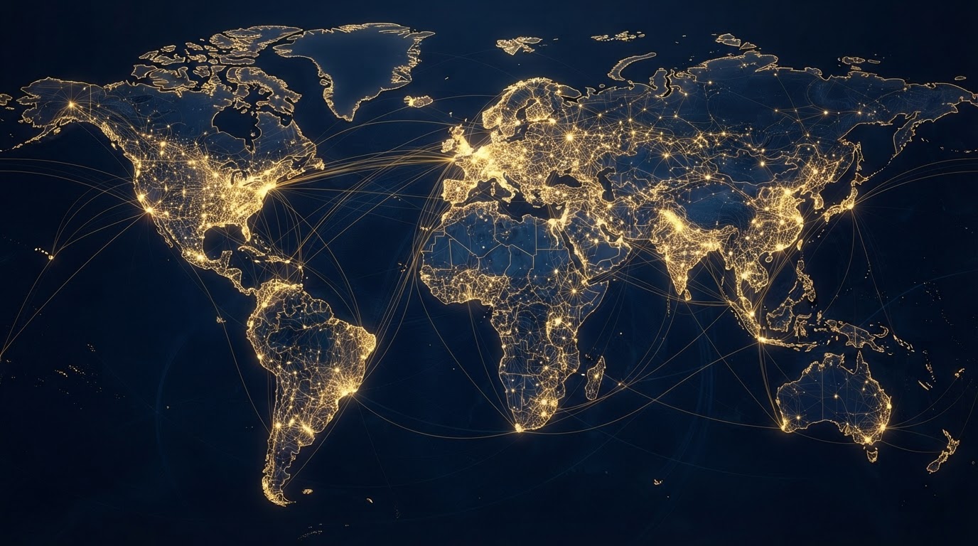 Gold network nodes on deep navy