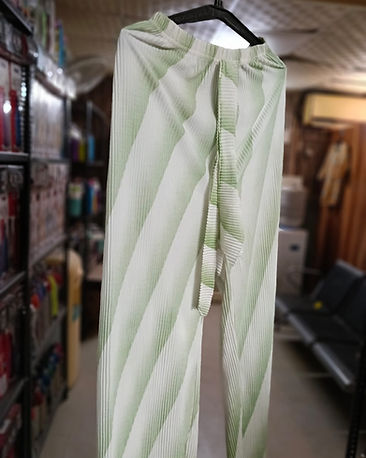 Sage stripe pleated trousers with self-tie, front view