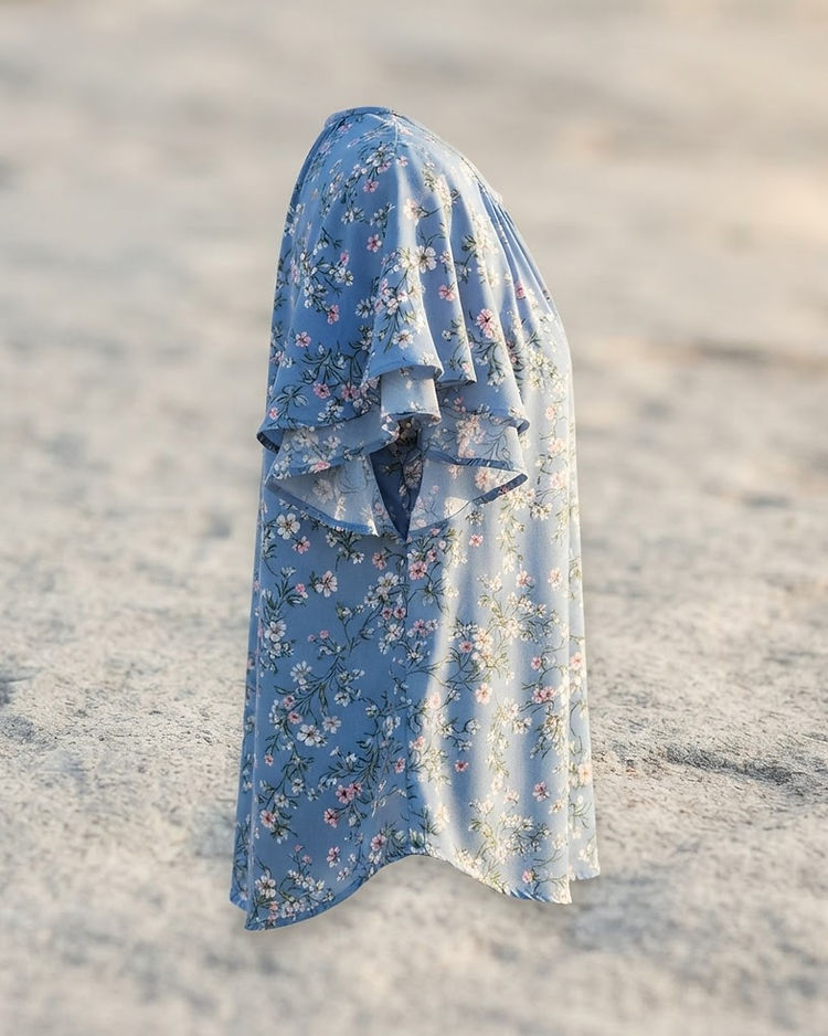 Flutter Sleeve Blouse (Floral Blue), product photo