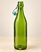 Green glass swing-top bottle with the stopper open on a stone surface