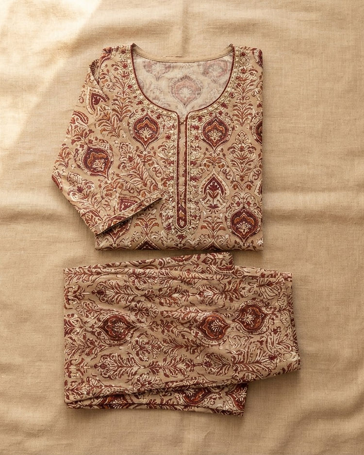 Cotton Palazzo Set - Ethnic Print (Beige), product photo