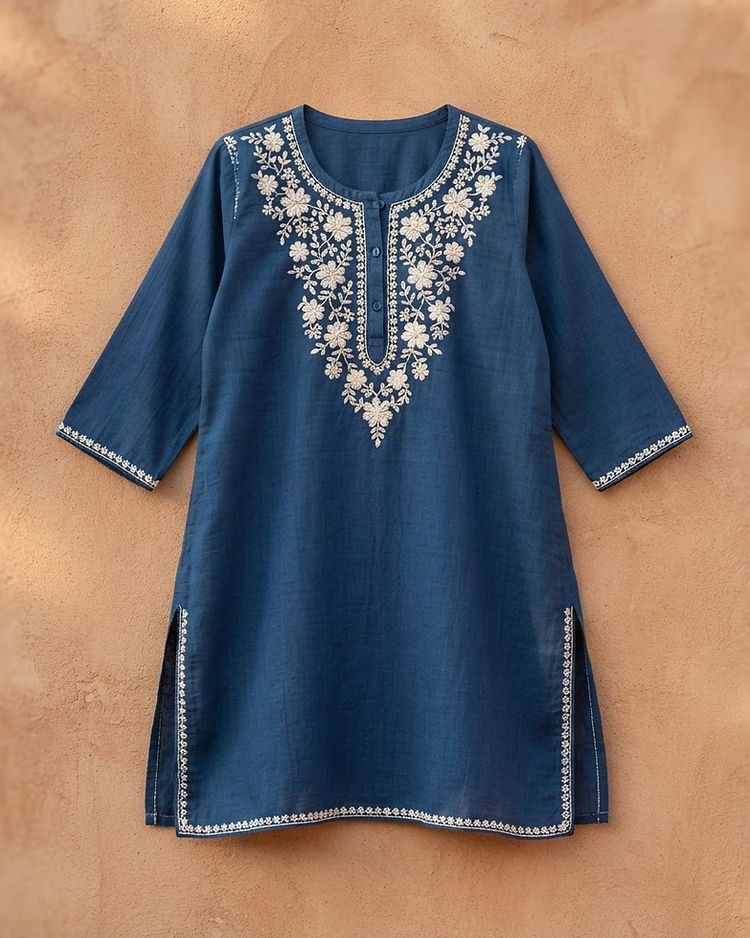 Embroidered Cotton Kurti - Indigo (Indigo), product photo