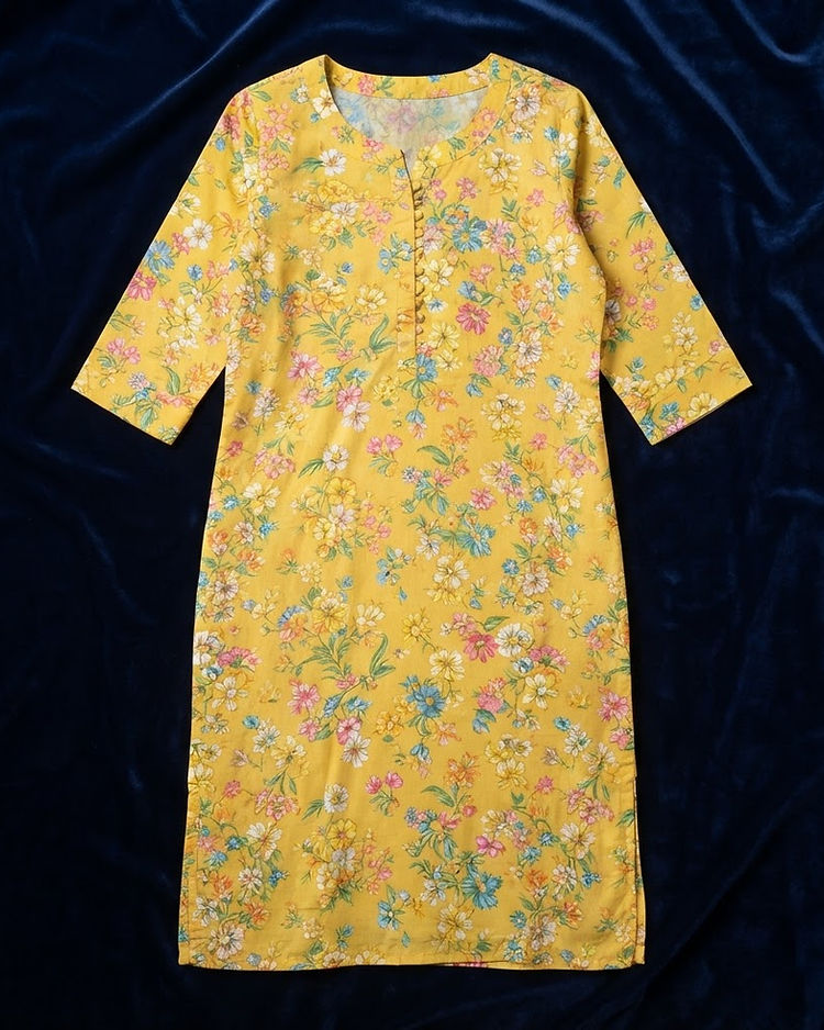 Floral Print Cotton Kurti (Yellow), product photo