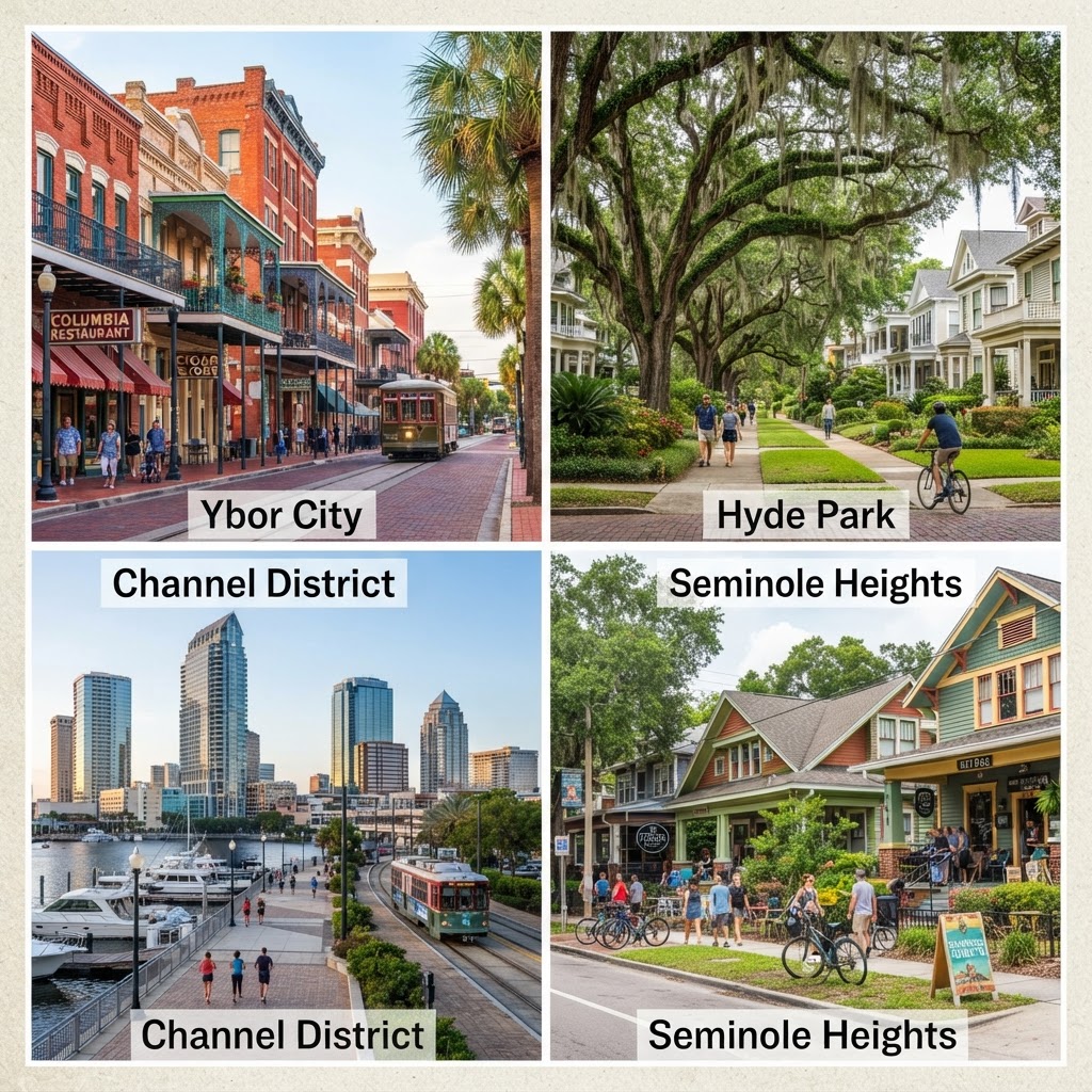 A collage of Tampa, Florida neighborhoods — Ybor City's historic streets, the Hyde Park bungalows, the Channel District waterfront, and Seminole Heights