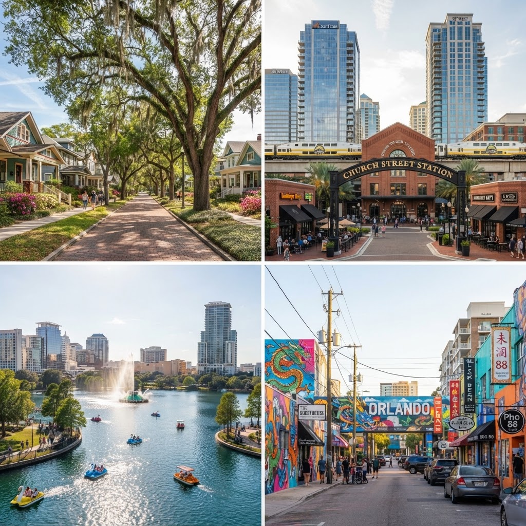 A collage of Orlando, Florida neighborhoods — Thornton Park's historic bungalows, downtown Orlando's Church Street, Lake Eola with its fountain, and the Mills 50 District