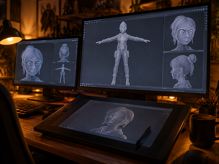 Animator's tablet showing a character model